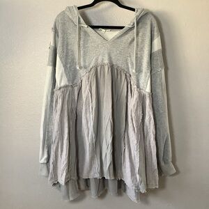 Blue Velvet Grey Oversized Lagenlook Indie Sleaze Patchwork Distressed Hoodie XL